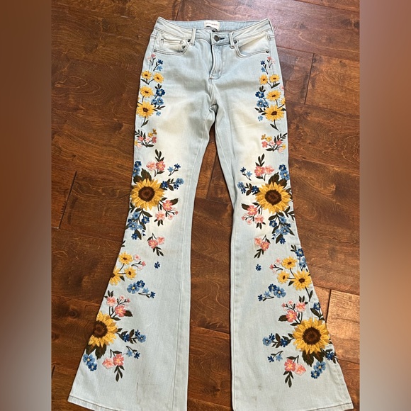 DRIFTWOOD Denim - DRIFTWOOD Farrah Blue and Yellow Flare & Wide Leg Jeans with Floral Embroidery